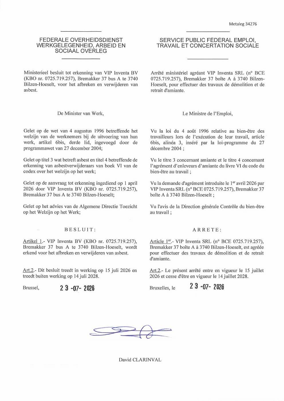 Voorbeeld van het officiële erkenningsdocument