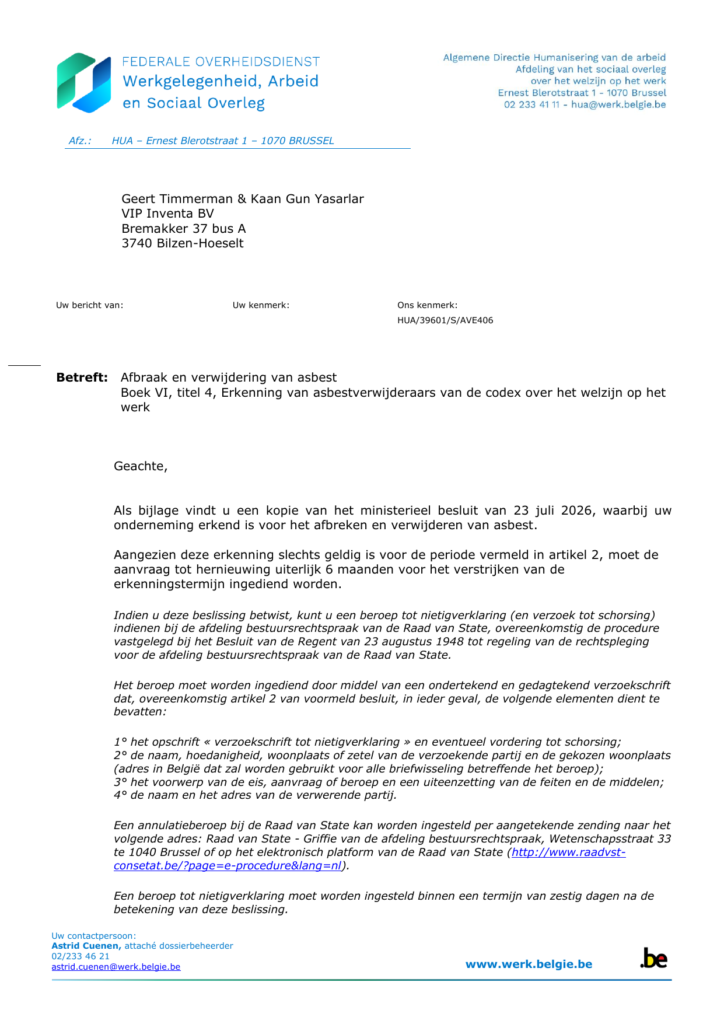 Officiële FOD WASO-correspondentie over de erkenning van VIP Inventa
