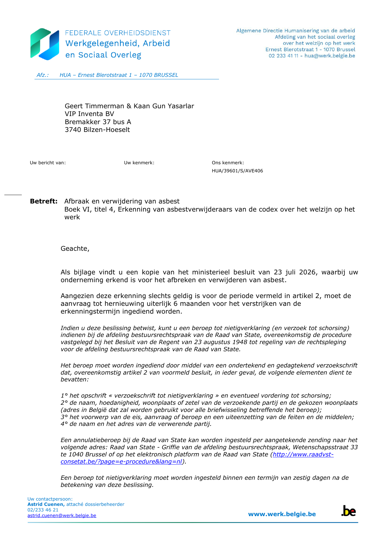 Ministerieel besluit voor erkende asbestverwijdering
