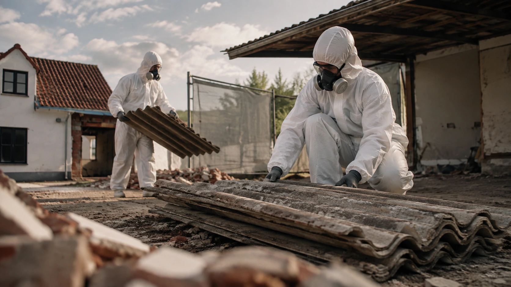 Beschermd team tijdens professionele verwerking van asbesthoudende dakmaterialen